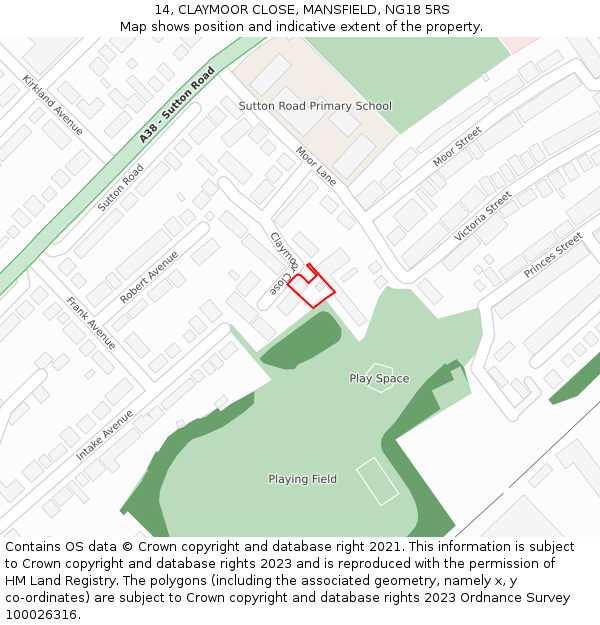 14, CLAYMOOR CLOSE, MANSFIELD, NG18 5RS: Location map and indicative extent of plot