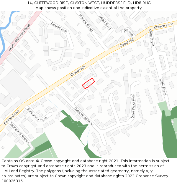 14, CLIFFEWOOD RISE, CLAYTON WEST, HUDDERSFIELD, HD8 9HG: Location map and indicative extent of plot