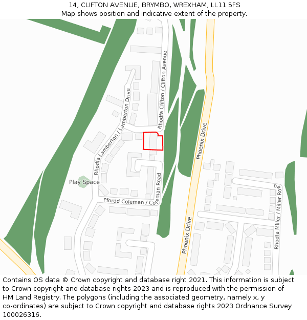 14, CLIFTON AVENUE, BRYMBO, WREXHAM, LL11 5FS: Location map and indicative extent of plot
