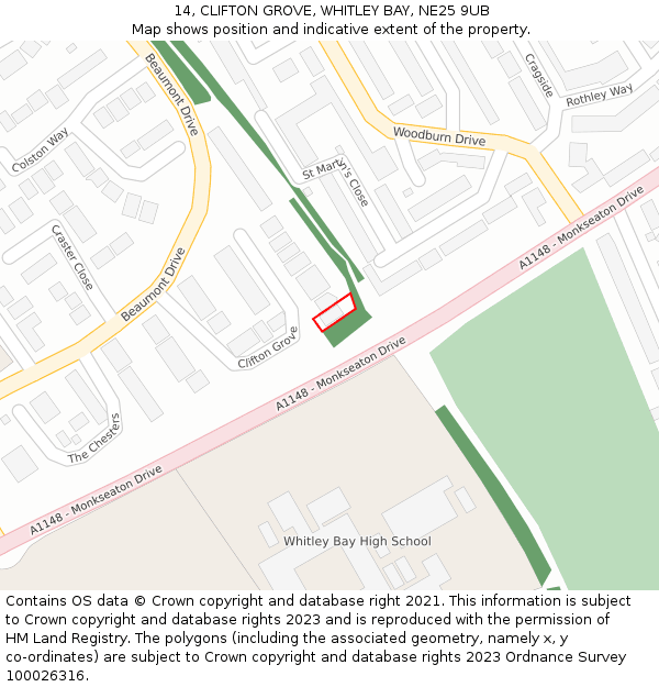 14, CLIFTON GROVE, WHITLEY BAY, NE25 9UB: Location map and indicative extent of plot