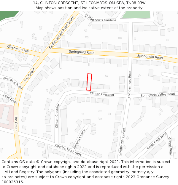 14, CLINTON CRESCENT, ST LEONARDS-ON-SEA, TN38 0RW: Location map and indicative extent of plot