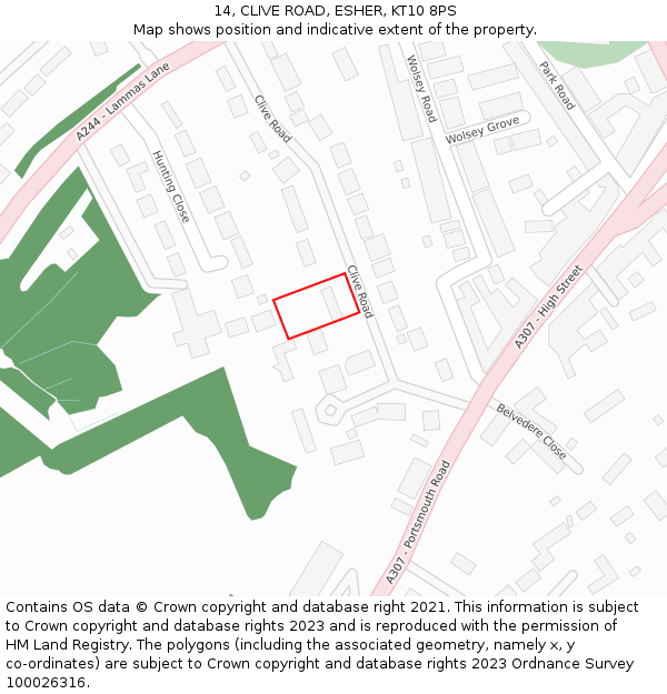 14, CLIVE ROAD, ESHER, KT10 8PS: Location map and indicative extent of plot