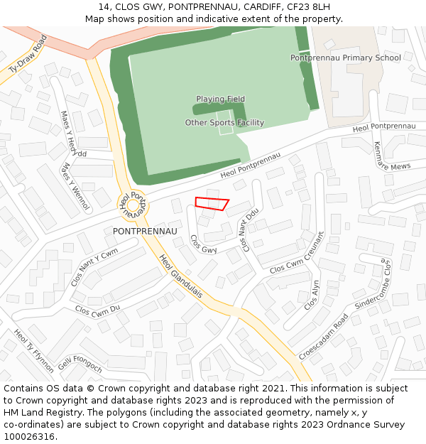14, CLOS GWY, PONTPRENNAU, CARDIFF, CF23 8LH: Location map and indicative extent of plot