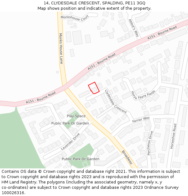 14, CLYDESDALE CRESCENT, SPALDING, PE11 3GQ: Location map and indicative extent of plot