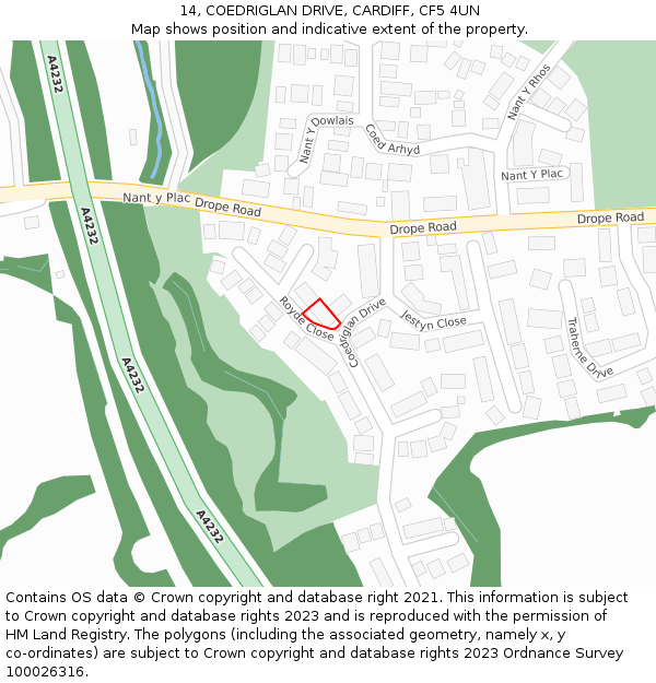 14, COEDRIGLAN DRIVE, CARDIFF, CF5 4UN: Location map and indicative extent of plot