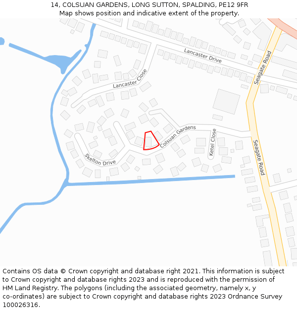 14, COLSUAN GARDENS, LONG SUTTON, SPALDING, PE12 9FR: Location map and indicative extent of plot