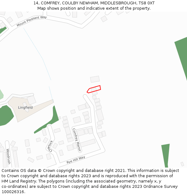 14, COMFREY, COULBY NEWHAM, MIDDLESBROUGH, TS8 0XT: Location map and indicative extent of plot