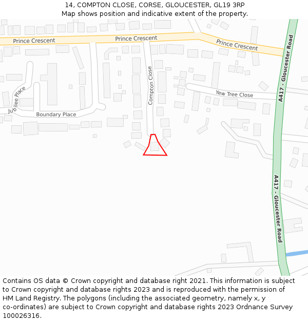 14, COMPTON CLOSE, CORSE, GLOUCESTER, GL19 3RP: Location map and indicative extent of plot