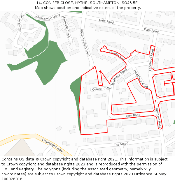 14, CONIFER CLOSE, HYTHE, SOUTHAMPTON, SO45 5EL: Location map and indicative extent of plot