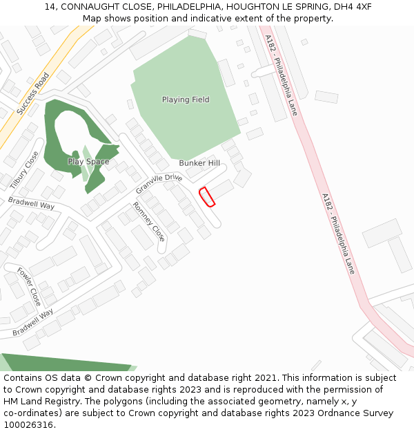 14, CONNAUGHT CLOSE, PHILADELPHIA, HOUGHTON LE SPRING, DH4 4XF: Location map and indicative extent of plot
