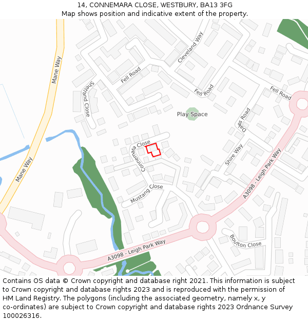 14, CONNEMARA CLOSE, WESTBURY, BA13 3FG: Location map and indicative extent of plot
