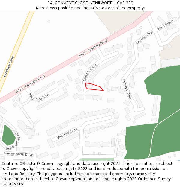 14, CONVENT CLOSE, KENILWORTH, CV8 2FQ: Location map and indicative extent of plot