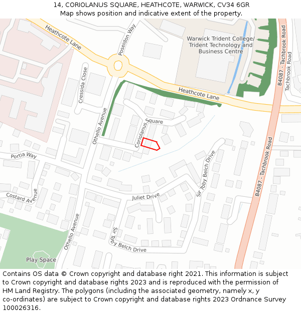 14, CORIOLANUS SQUARE, HEATHCOTE, WARWICK, CV34 6GR: Location map and indicative extent of plot