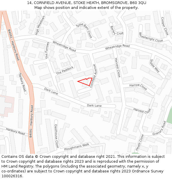 14, CORNFIELD AVENUE, STOKE HEATH, BROMSGROVE, B60 3QU: Location map and indicative extent of plot