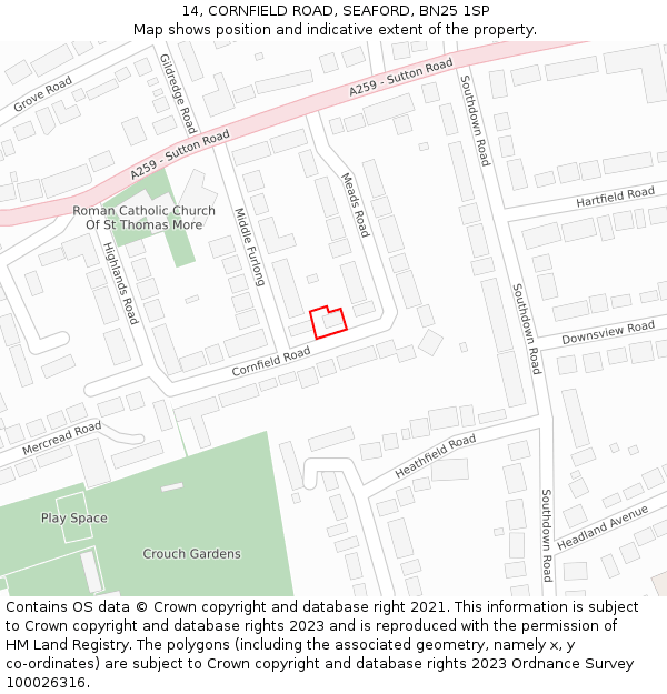 14, CORNFIELD ROAD, SEAFORD, BN25 1SP: Location map and indicative extent of plot