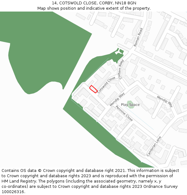 14, COTSWOLD CLOSE, CORBY, NN18 8GN: Location map and indicative extent of plot