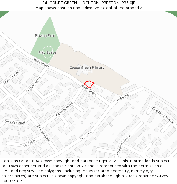 14, COUPE GREEN, HOGHTON, PRESTON, PR5 0JR: Location map and indicative extent of plot