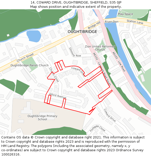 14, COWARD DRIVE, OUGHTIBRIDGE, SHEFFIELD, S35 0JP: Location map and indicative extent of plot
