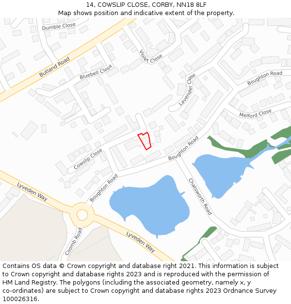 14, COWSLIP CLOSE, CORBY, NN18 8LF: Location map and indicative extent of plot