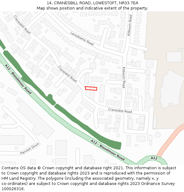 14, CRANESBILL ROAD, LOWESTOFT, NR33 7EA: Location map and indicative extent of plot