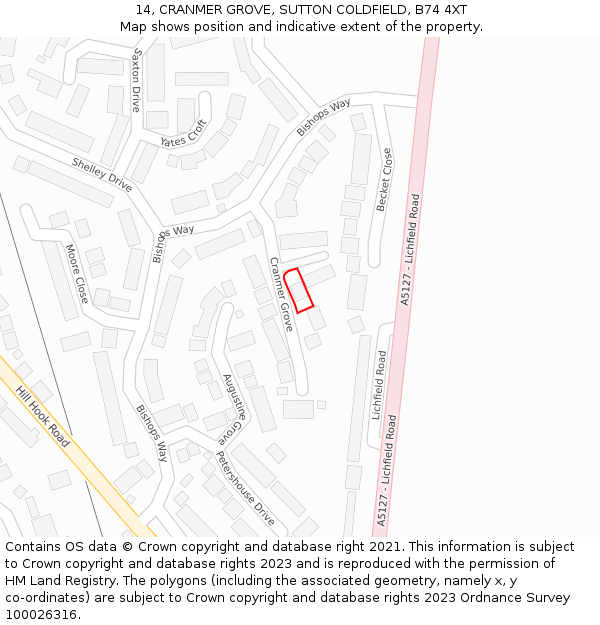 14, CRANMER GROVE, SUTTON COLDFIELD, B74 4XT: Location map and indicative extent of plot