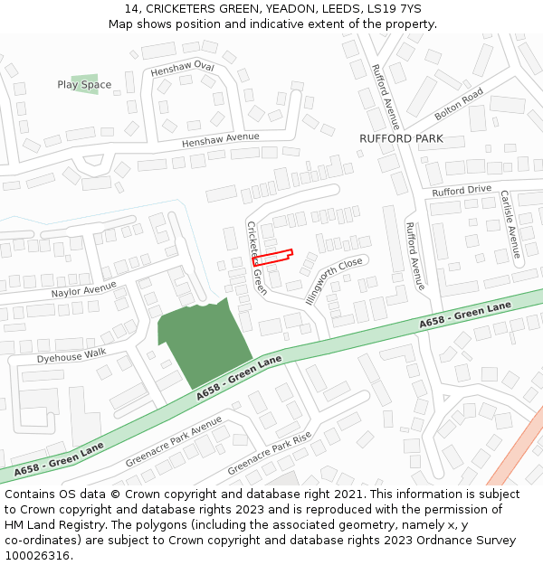 14, CRICKETERS GREEN, YEADON, LEEDS, LS19 7YS: Location map and indicative extent of plot