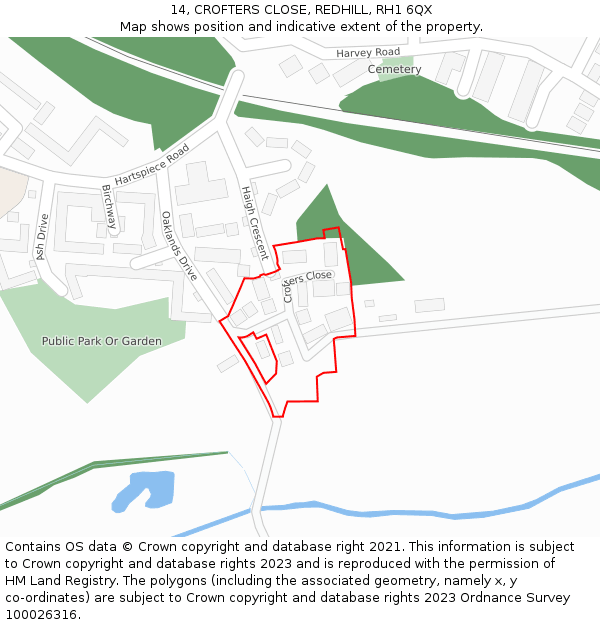 14, CROFTERS CLOSE, REDHILL, RH1 6QX: Location map and indicative extent of plot