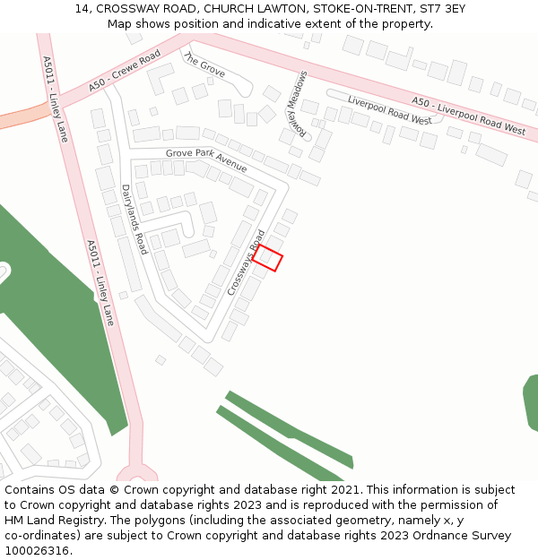 14, CROSSWAY ROAD, CHURCH LAWTON, STOKE-ON-TRENT, ST7 3EY: Location map and indicative extent of plot