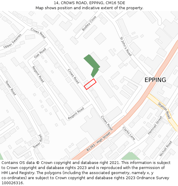 14, CROWS ROAD, EPPING, CM16 5DE: Location map and indicative extent of plot