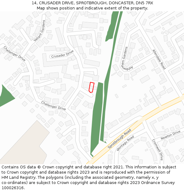 14, CRUSADER DRIVE, SPROTBROUGH, DONCASTER, DN5 7RX: Location map and indicative extent of plot