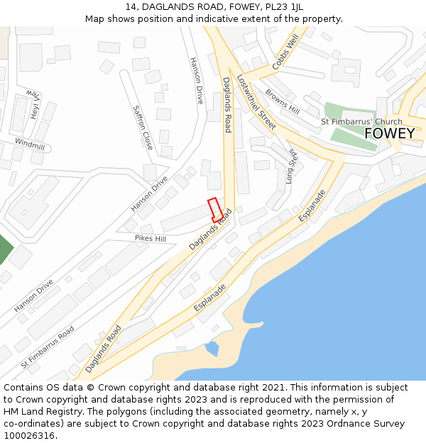 14, DAGLANDS ROAD, FOWEY, PL23 1JL: Location map and indicative extent of plot