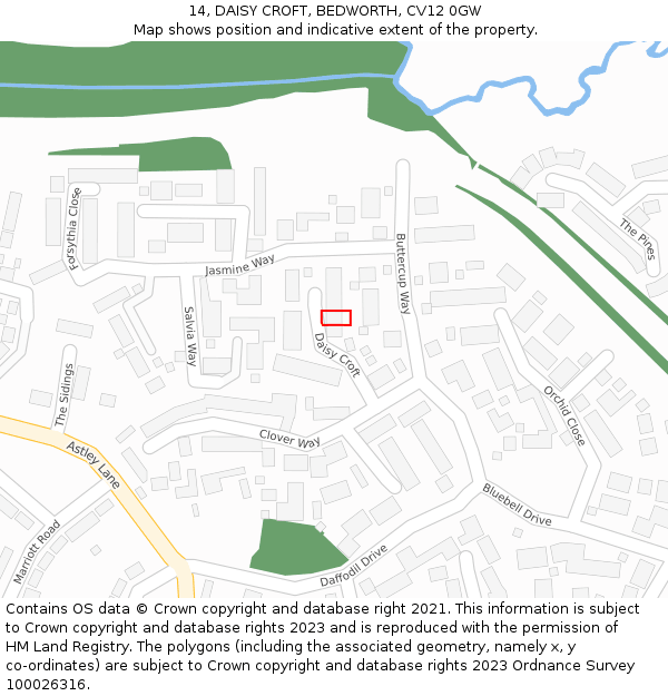 14, DAISY CROFT, BEDWORTH, CV12 0GW: Location map and indicative extent of plot