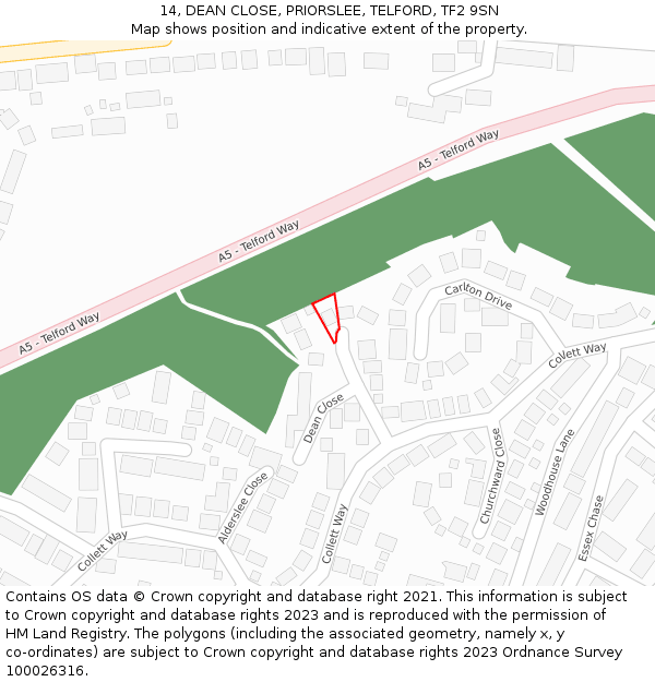 14, DEAN CLOSE, PRIORSLEE, TELFORD, TF2 9SN: Location map and indicative extent of plot