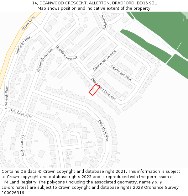 14, DEANWOOD CRESCENT, ALLERTON, BRADFORD, BD15 9BL: Location map and indicative extent of plot