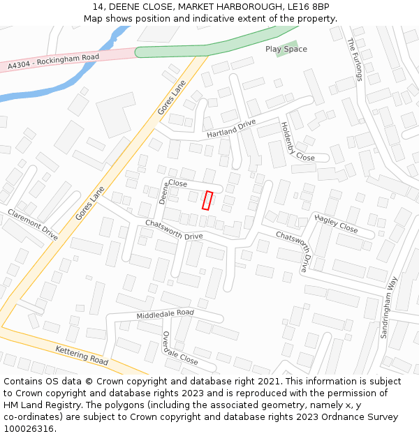 14, DEENE CLOSE, MARKET HARBOROUGH, LE16 8BP: Location map and indicative extent of plot