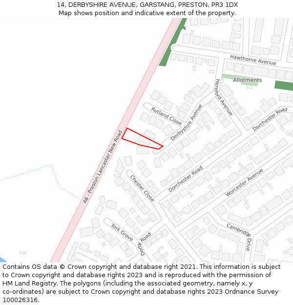 14, DERBYSHIRE AVENUE, GARSTANG, PRESTON, PR3 1DX: Location map and indicative extent of plot