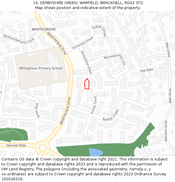 14, DERBYSHIRE GREEN, WARFIELD, BRACKNELL, RG42 3TG: Location map and indicative extent of plot