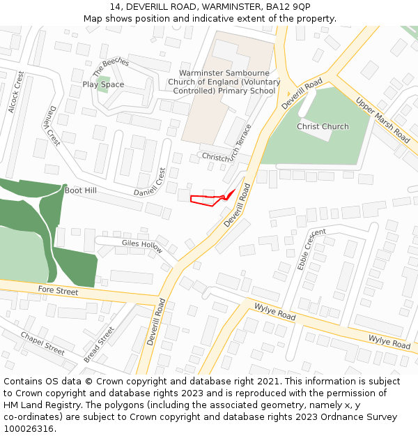14, DEVERILL ROAD, WARMINSTER, BA12 9QP: Location map and indicative extent of plot