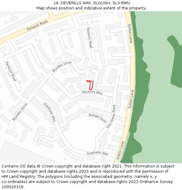 14, DEVERILLS WAY, SLOUGH, SL3 8WN: Location map and indicative extent of plot