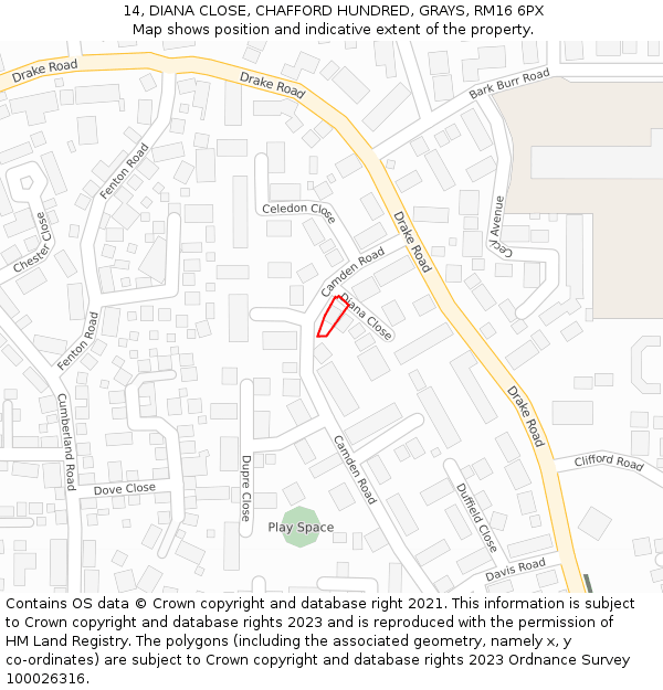 14, DIANA CLOSE, CHAFFORD HUNDRED, GRAYS, RM16 6PX: Location map and indicative extent of plot