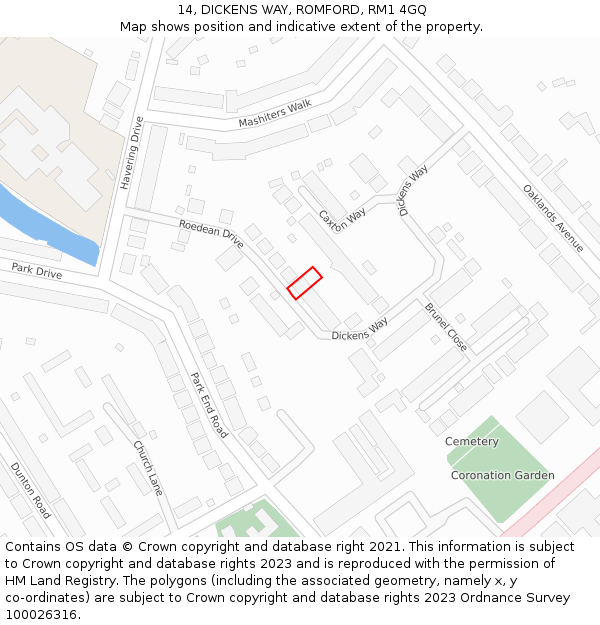 14, DICKENS WAY, ROMFORD, RM1 4GQ: Location map and indicative extent of plot
