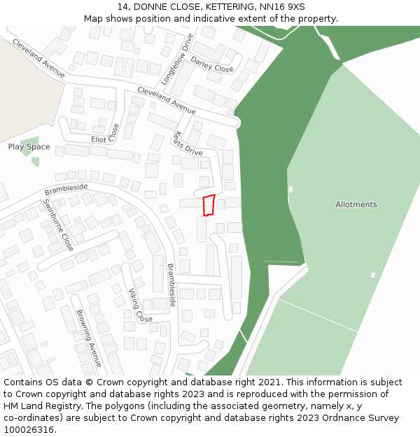14, DONNE CLOSE, KETTERING, NN16 9XS: Location map and indicative extent of plot