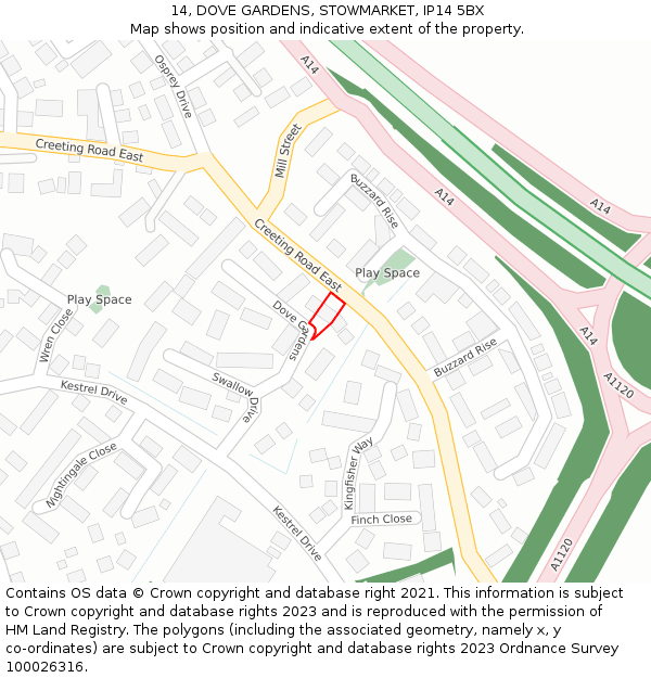 14, DOVE GARDENS, STOWMARKET, IP14 5BX: Location map and indicative extent of plot