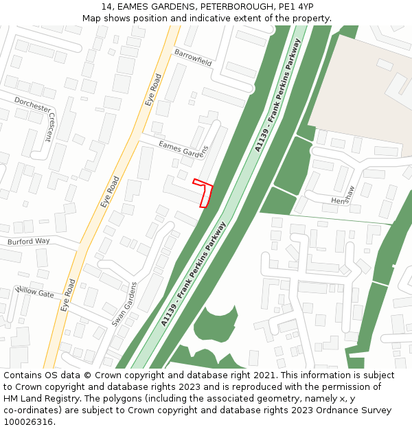 14, EAMES GARDENS, PETERBOROUGH, PE1 4YP: Location map and indicative extent of plot