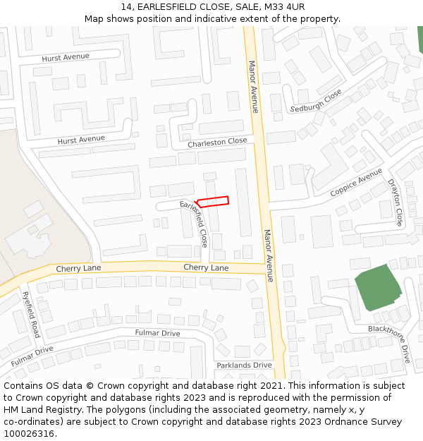 14, EARLESFIELD CLOSE, SALE, M33 4UR: Location map and indicative extent of plot