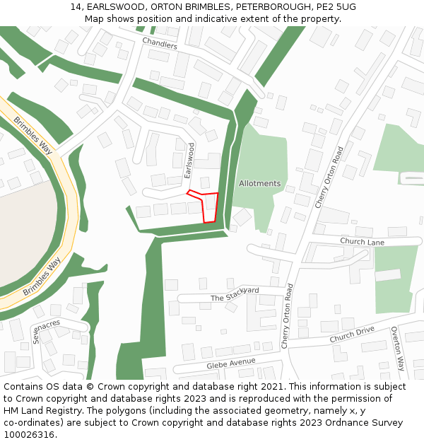 14, EARLSWOOD, ORTON BRIMBLES, PETERBOROUGH, PE2 5UG: Location map and indicative extent of plot