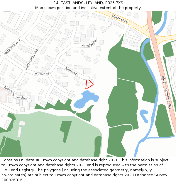 14, EASTLANDS, LEYLAND, PR26 7XS: Location map and indicative extent of plot