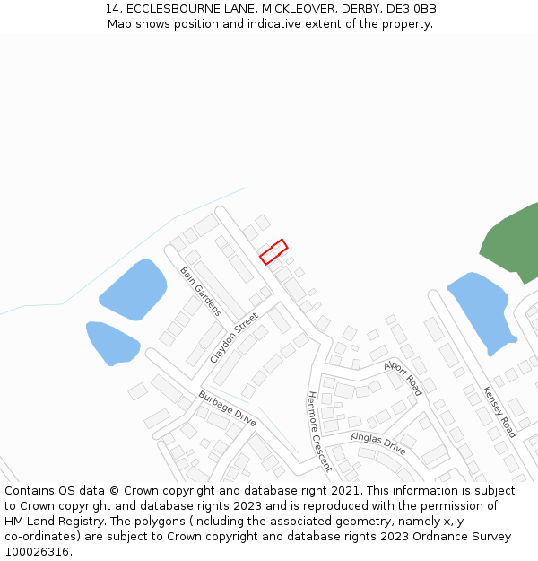 14, ECCLESBOURNE LANE, MICKLEOVER, DERBY, DE3 0BB: Location map and indicative extent of plot