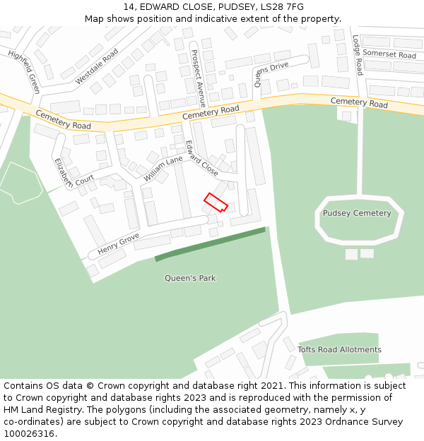 14, EDWARD CLOSE, PUDSEY, LS28 7FG: Location map and indicative extent of plot