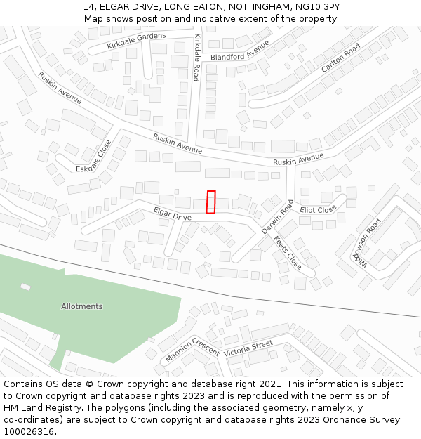 14, ELGAR DRIVE, LONG EATON, NOTTINGHAM, NG10 3PY: Location map and indicative extent of plot